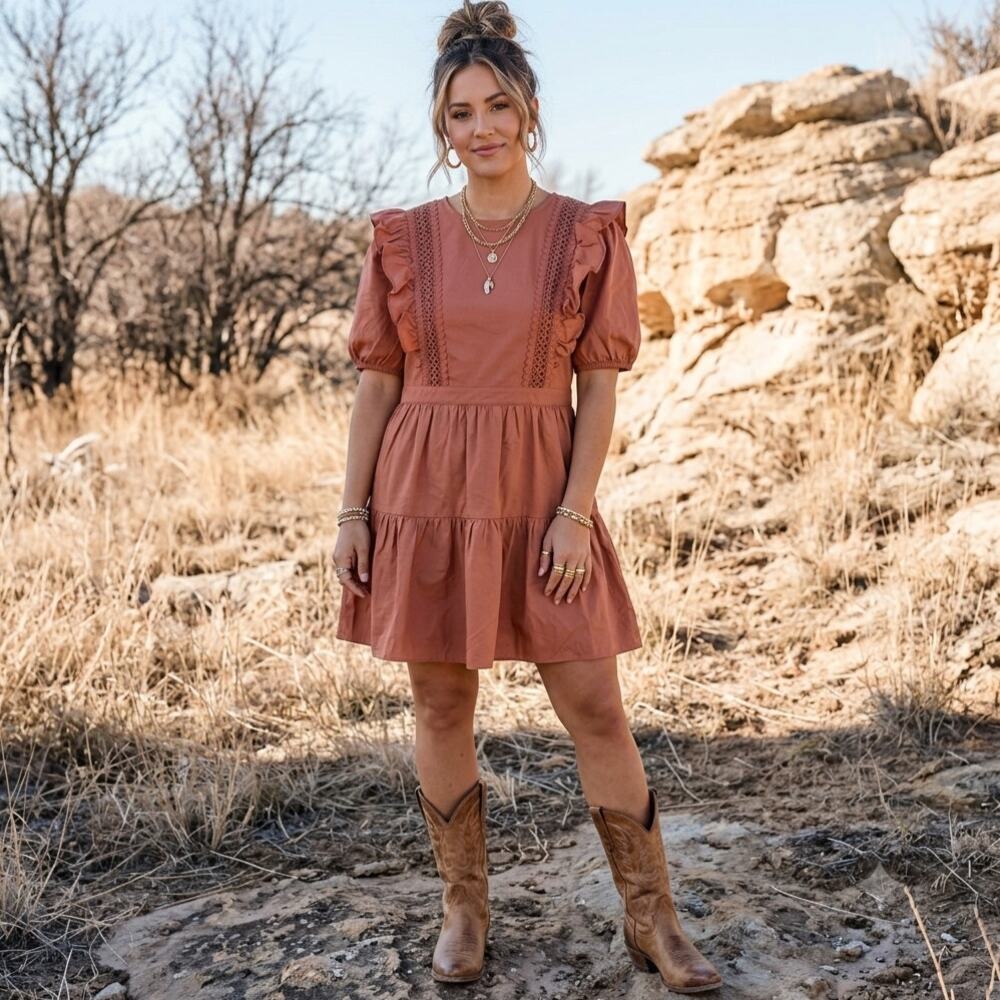NWT English Factory Terracotta Lace Inset Puff Sleeve Tiered Boho Mini Dress L